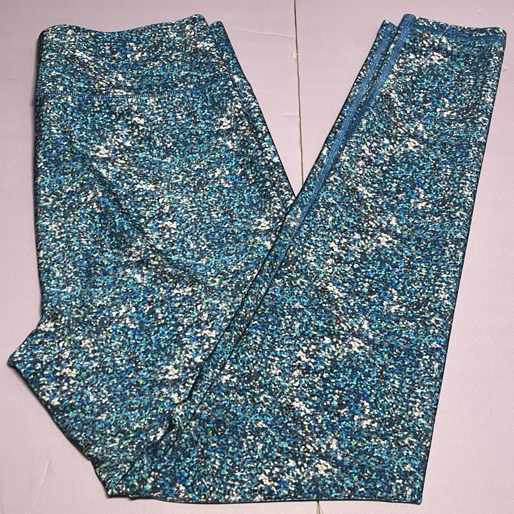 TEREZ M Speckled Pattern Printed Hi-Shine Compression Legging Tights Blue White